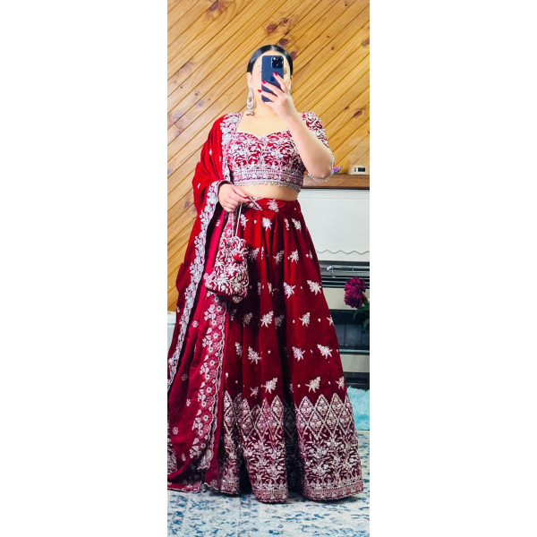 Velvet Lehenga Choli Set for Bridal and Women - Red