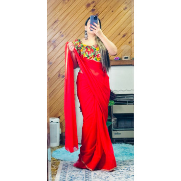 Red Saree With Printed Blouse 